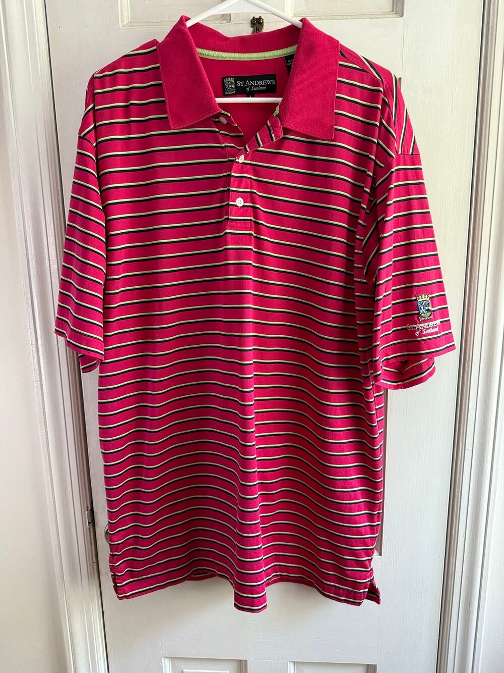 Vintage St Andrews Scotland Golf Polo Shirt Men’s Large Striped Pink EUC